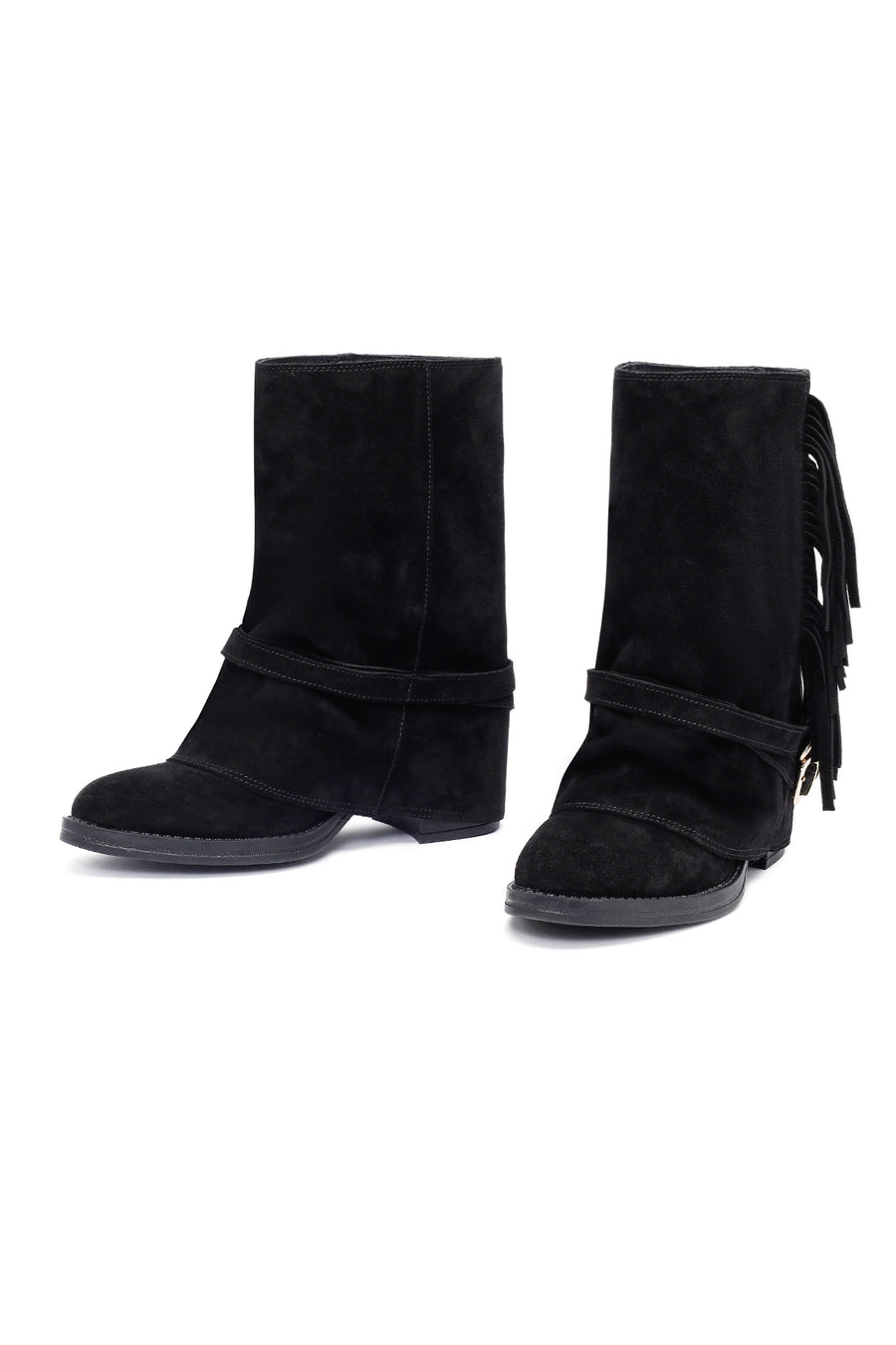 Woman Black Chunky Heel Suede Leather Boat