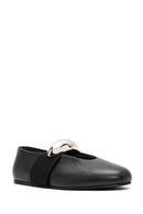 Women's Black Buckle Detailed Leather Ballerinas | Derimod