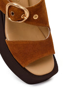Woman Tan Buckled Wedge Heel Suede Slipper | Derimod