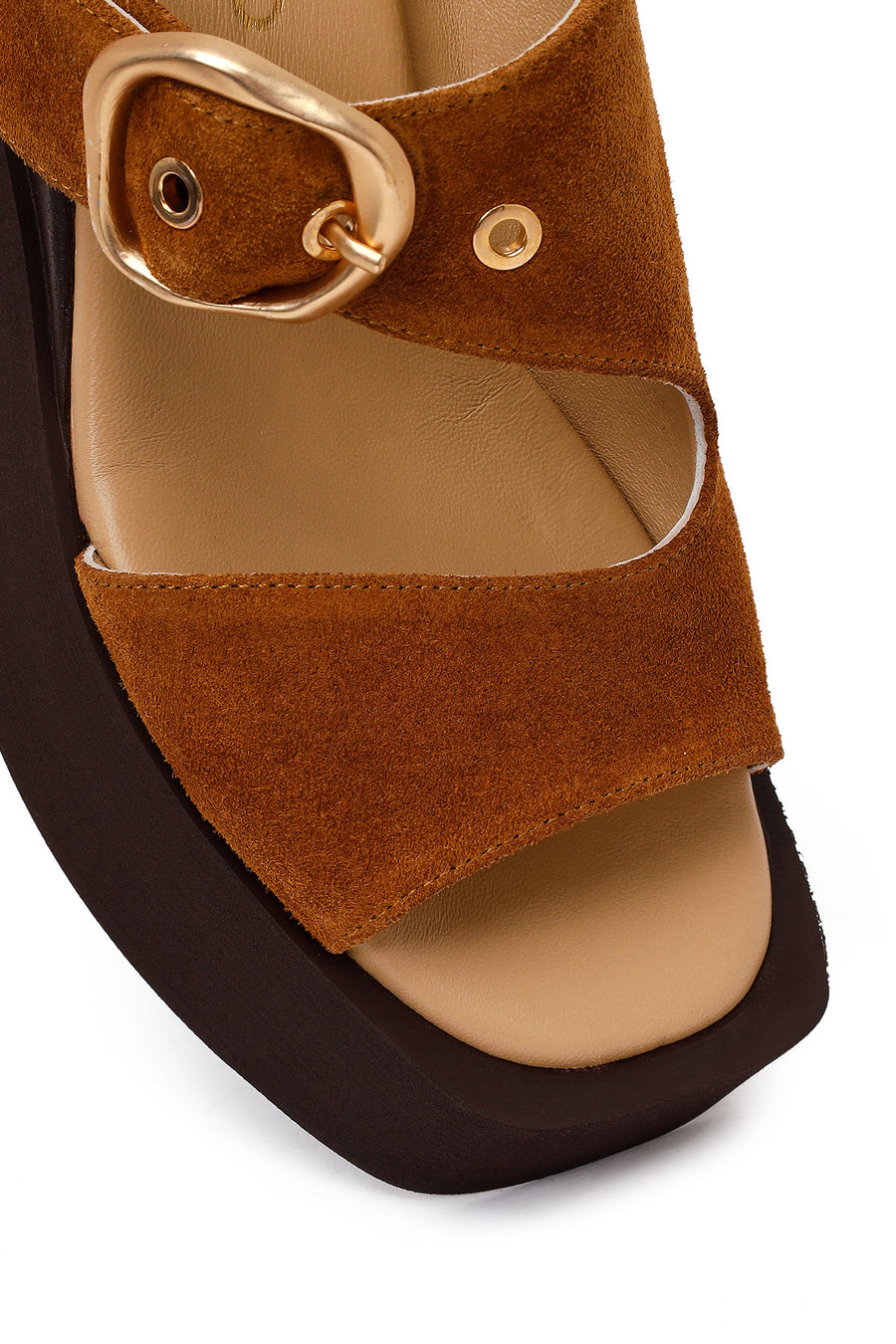 Woman Tan Buckled Wedge Heel Suede Slipper