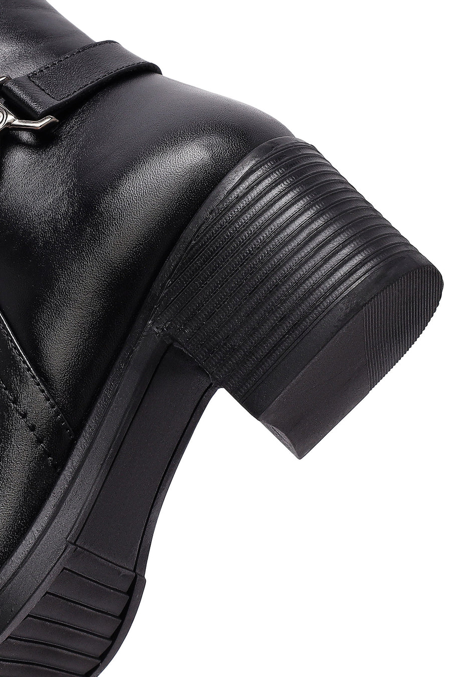 Woman Black Zip Closure Thick-Heeled Leather Boots
