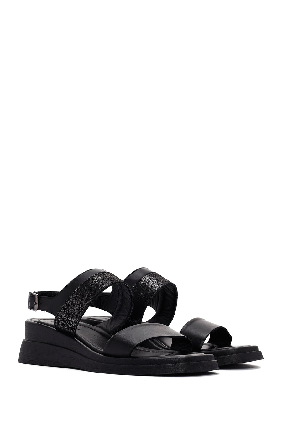 Women's Black Wedge Heeled Leather Sandals