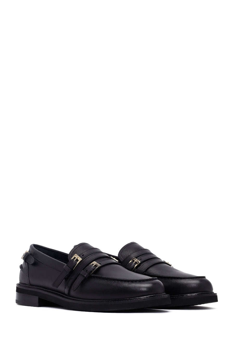 Woman Black Buckled Leather Masculine Loafer