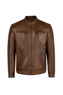 Christ Male Brown Mandarin Collar Leather Jacket | Derimod