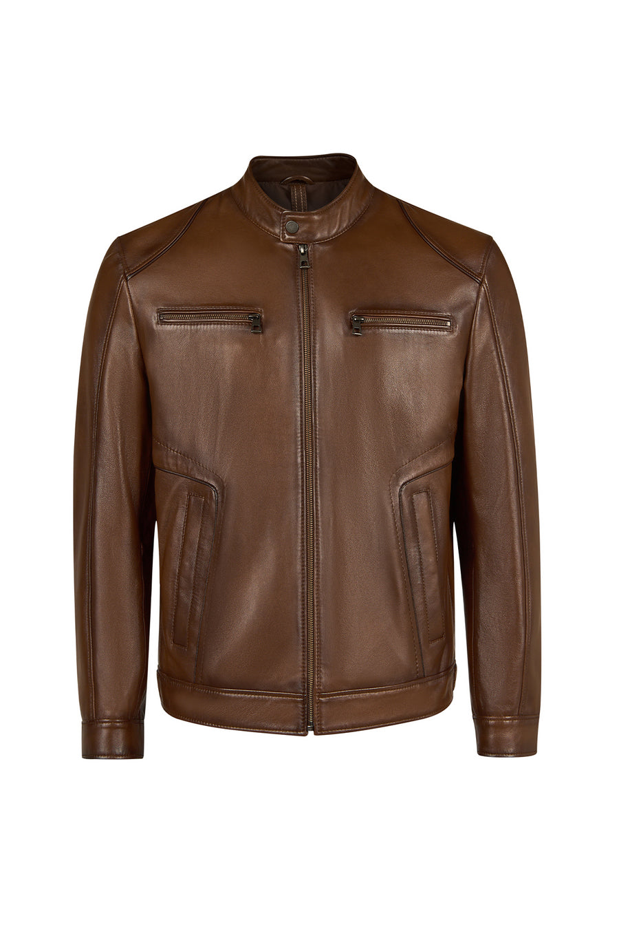 Christ Male Brown Mandarin Collar Leather Jacket 26WGE662347 | Derimod