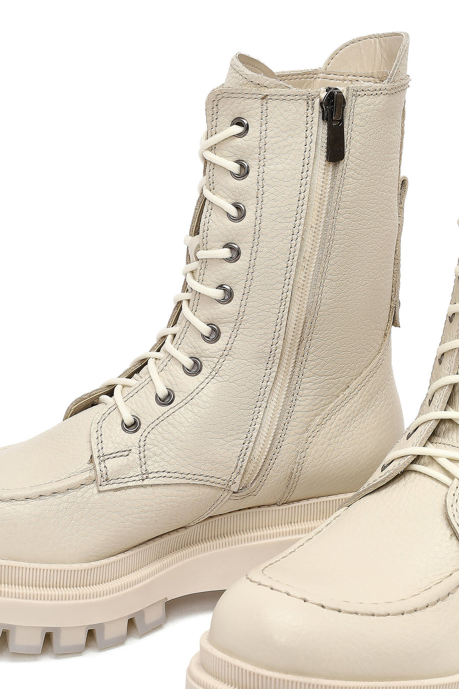 Woman Beige Zippered Thick Sole Leather Postal Boots