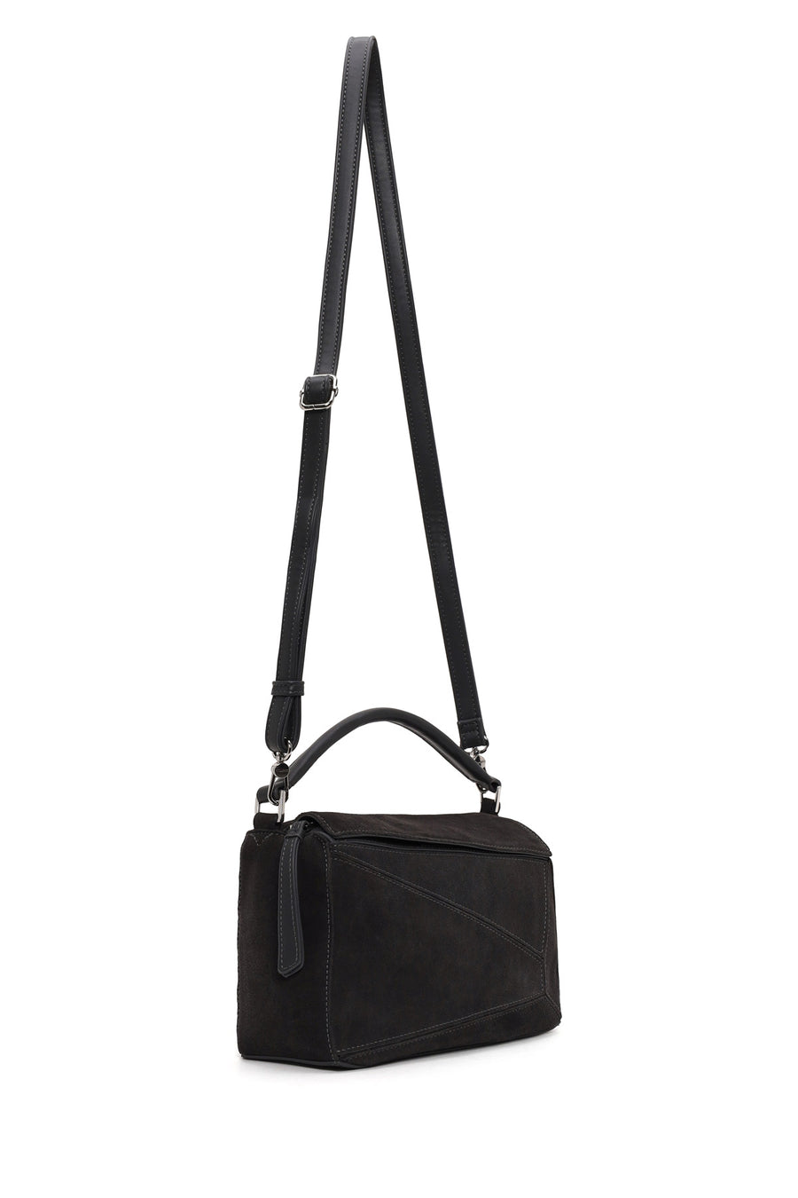 Woman Gray Long-Strap Suede Crossbody Bag