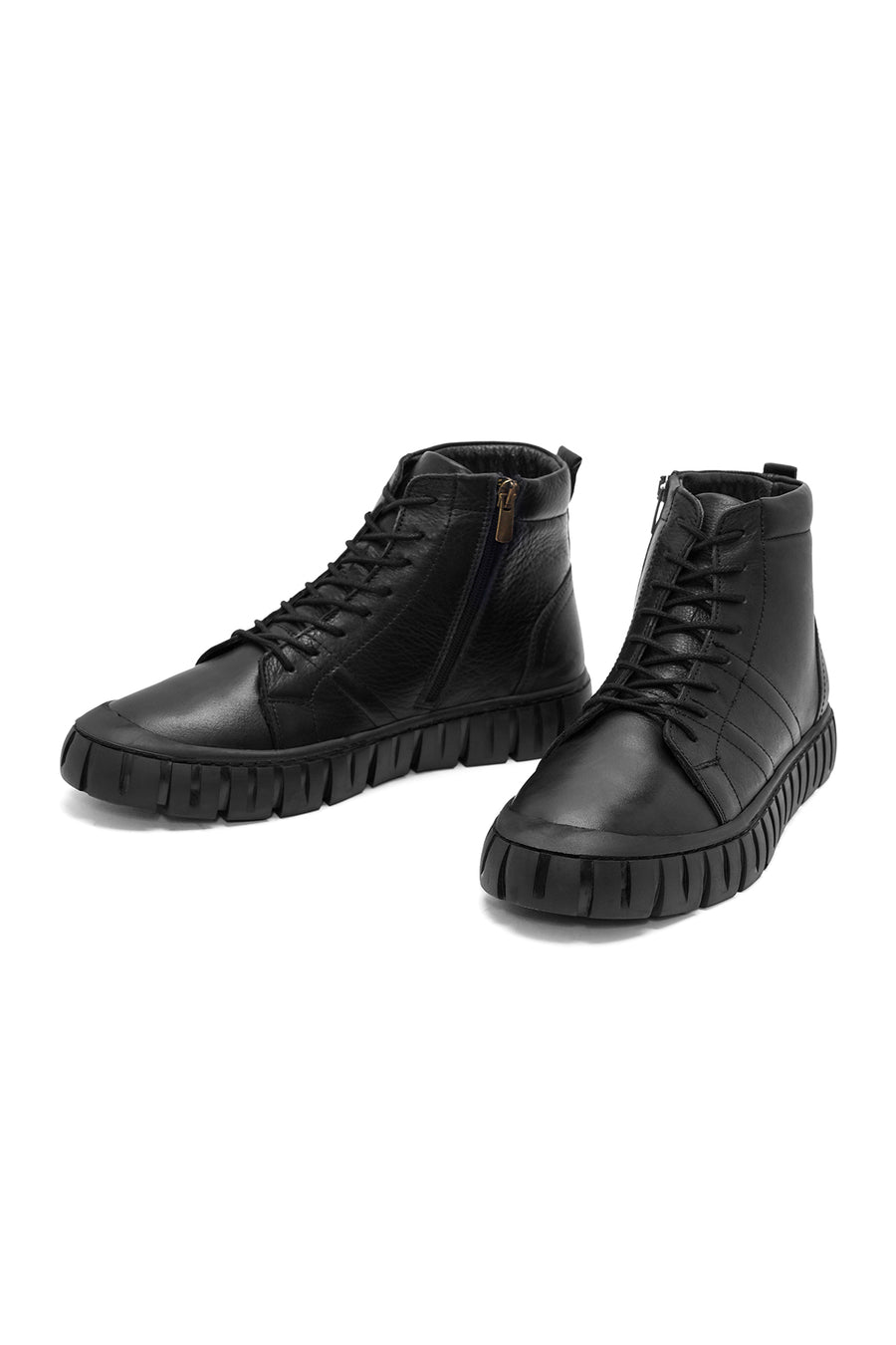 Men's Black Zippered Lace-Up Leather Boots