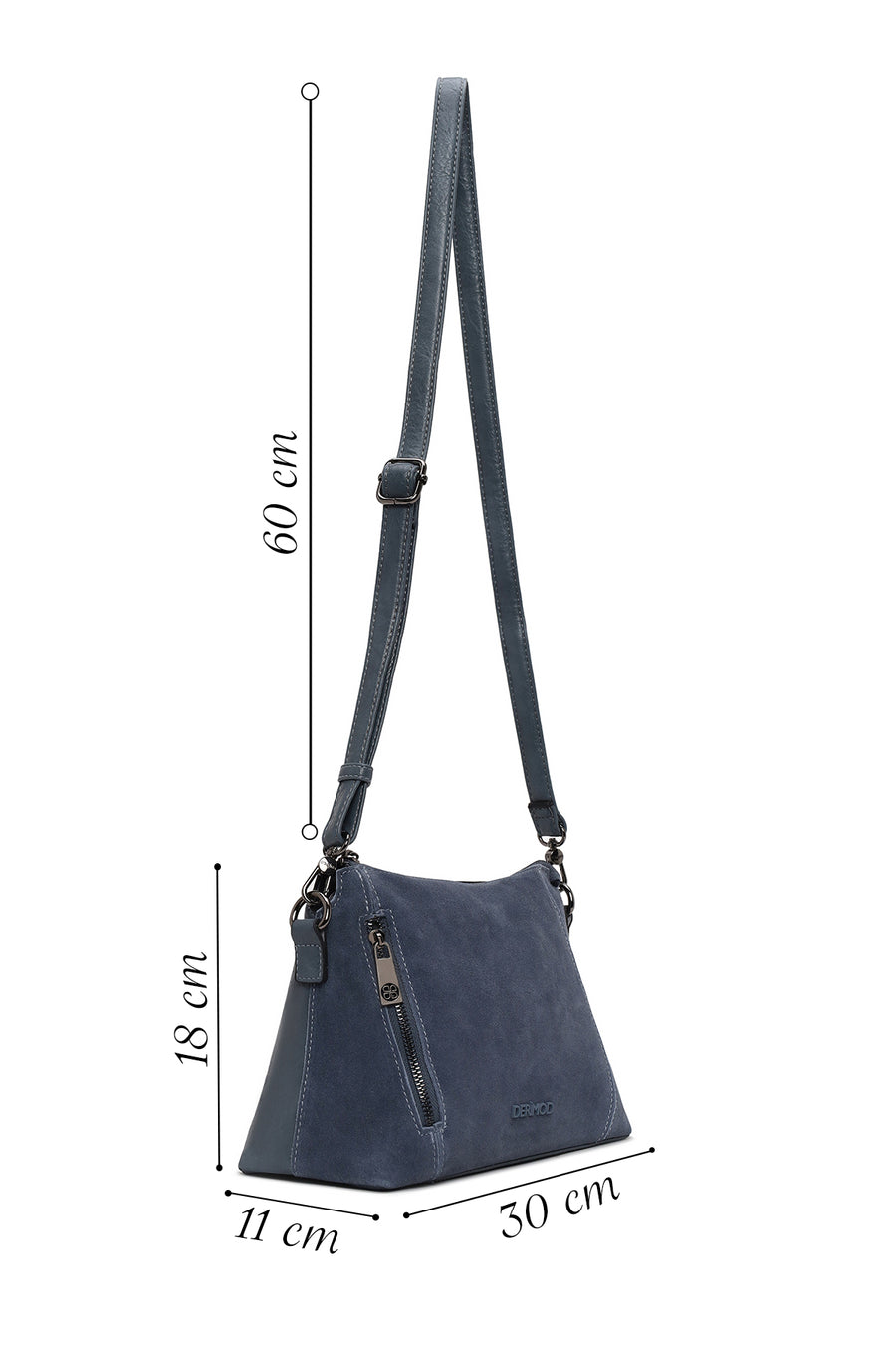 Woman Blue Long-Strap Suede Crossbody Bag