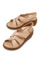 Woman Beige Wedge-Heeled Leather Comfort Sandal | Derimod