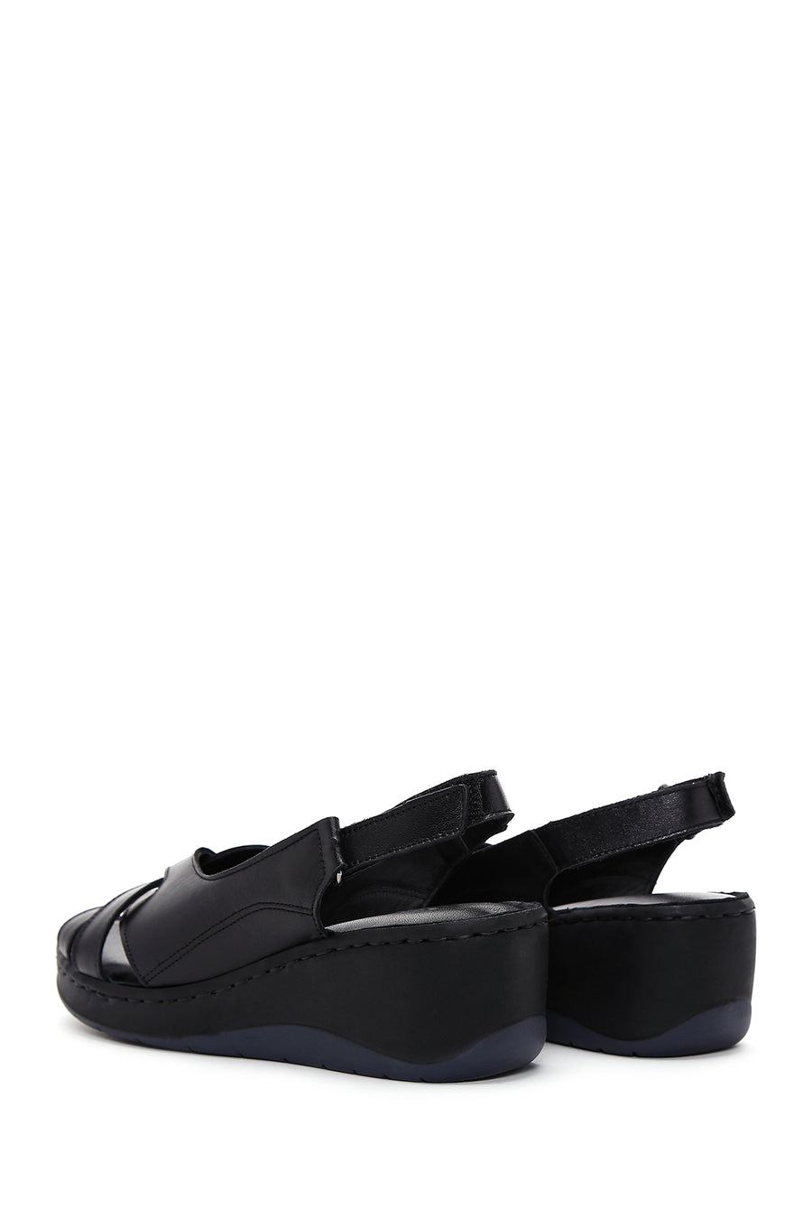 Women's Black Leather Wedge Heel Comfort Sandals