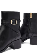 Woman Black Zip Closure Thick-Heeled Leather Boots | Derimod