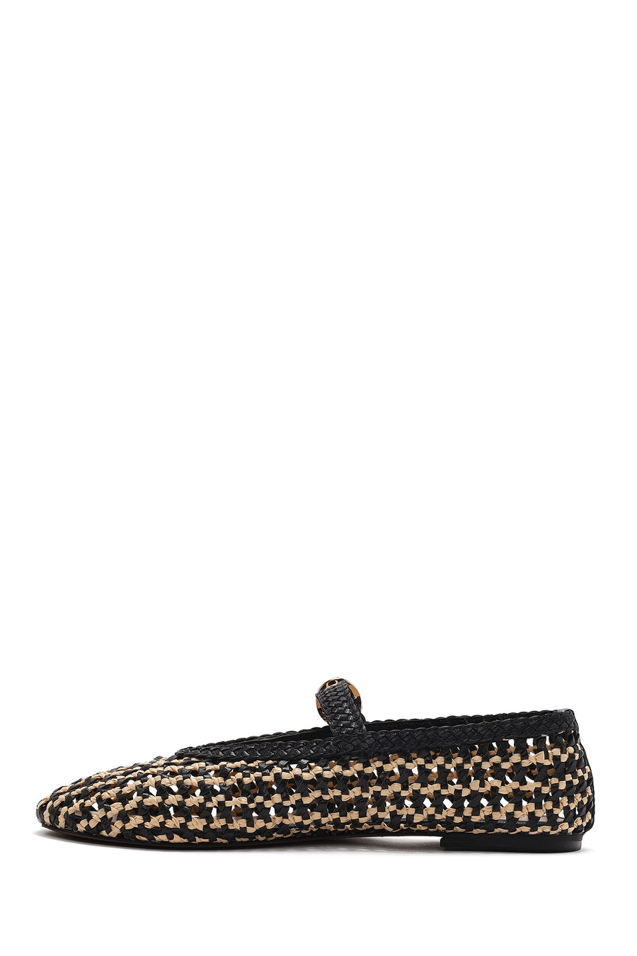 Women's Black Buckled Straw Leather Ballerinas
