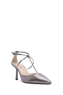 Women's Grey Ankle Strap Thin Heel Metallic Leather Shoes | Derimod