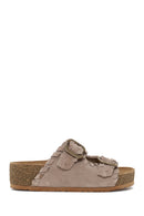 Woman Beige Double-Buckle Thick-Soled Suede Slipper | Derimod