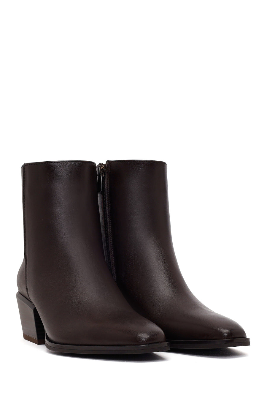 Woman Brown Zip Closure Short Thick-Heeled Leather Cowboy Boots