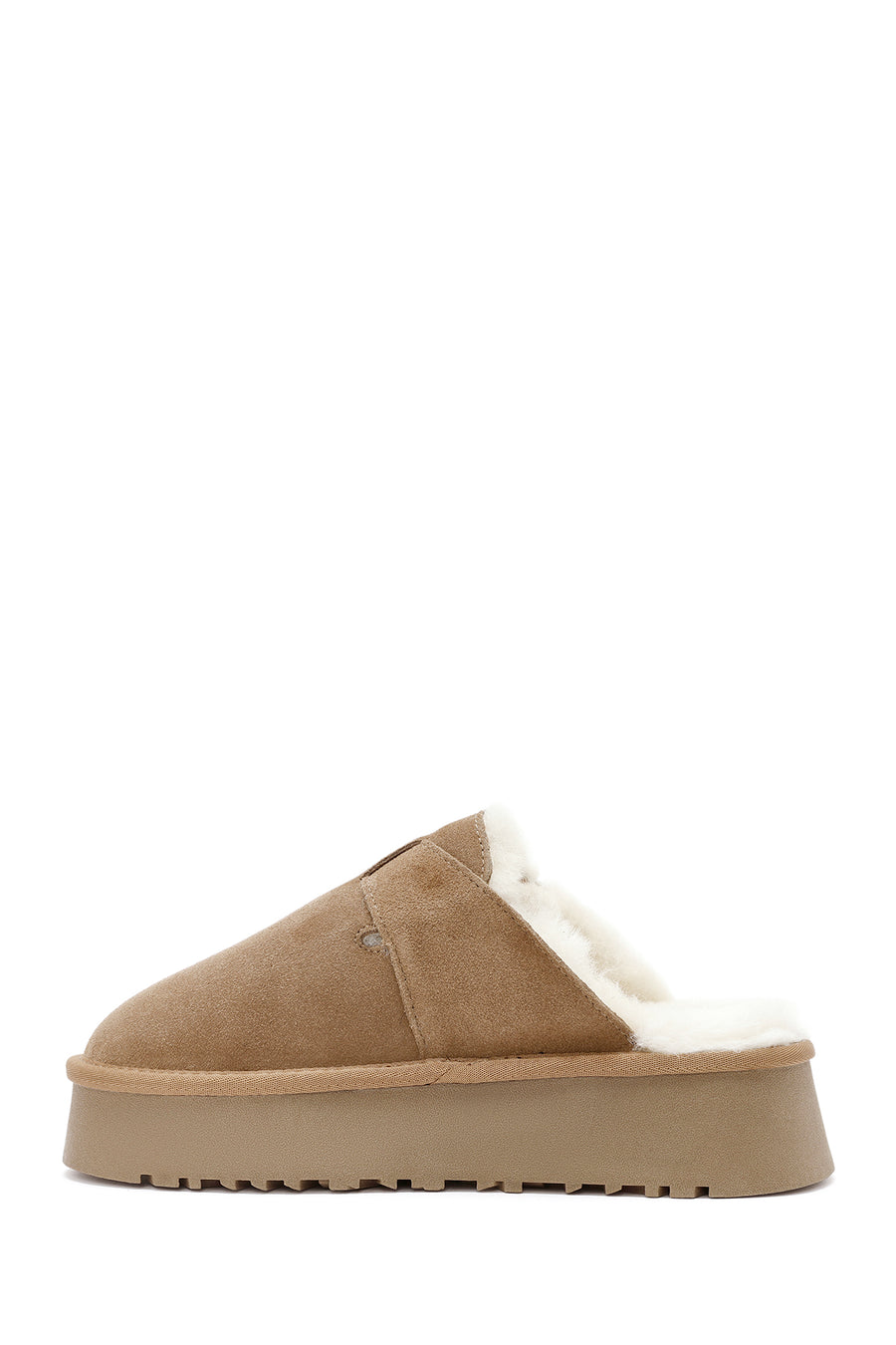 Women's Camel Thick-Soled Fur Detailed Suede Leather Slippers