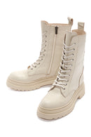 Women's Cream Zippered Leather Combat Boots | Derimod