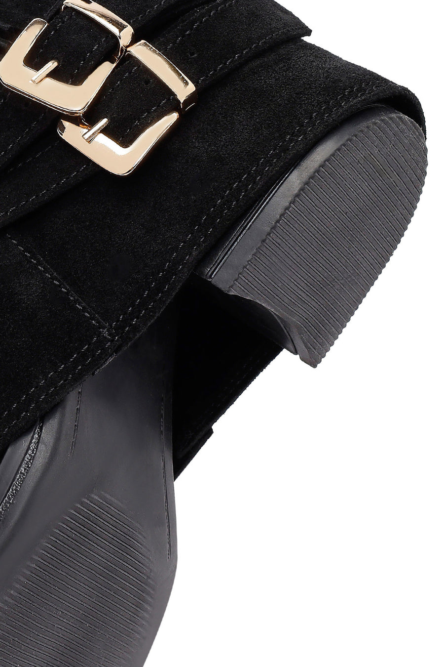 Woman Black Chunky Heel Suede Leather Boat