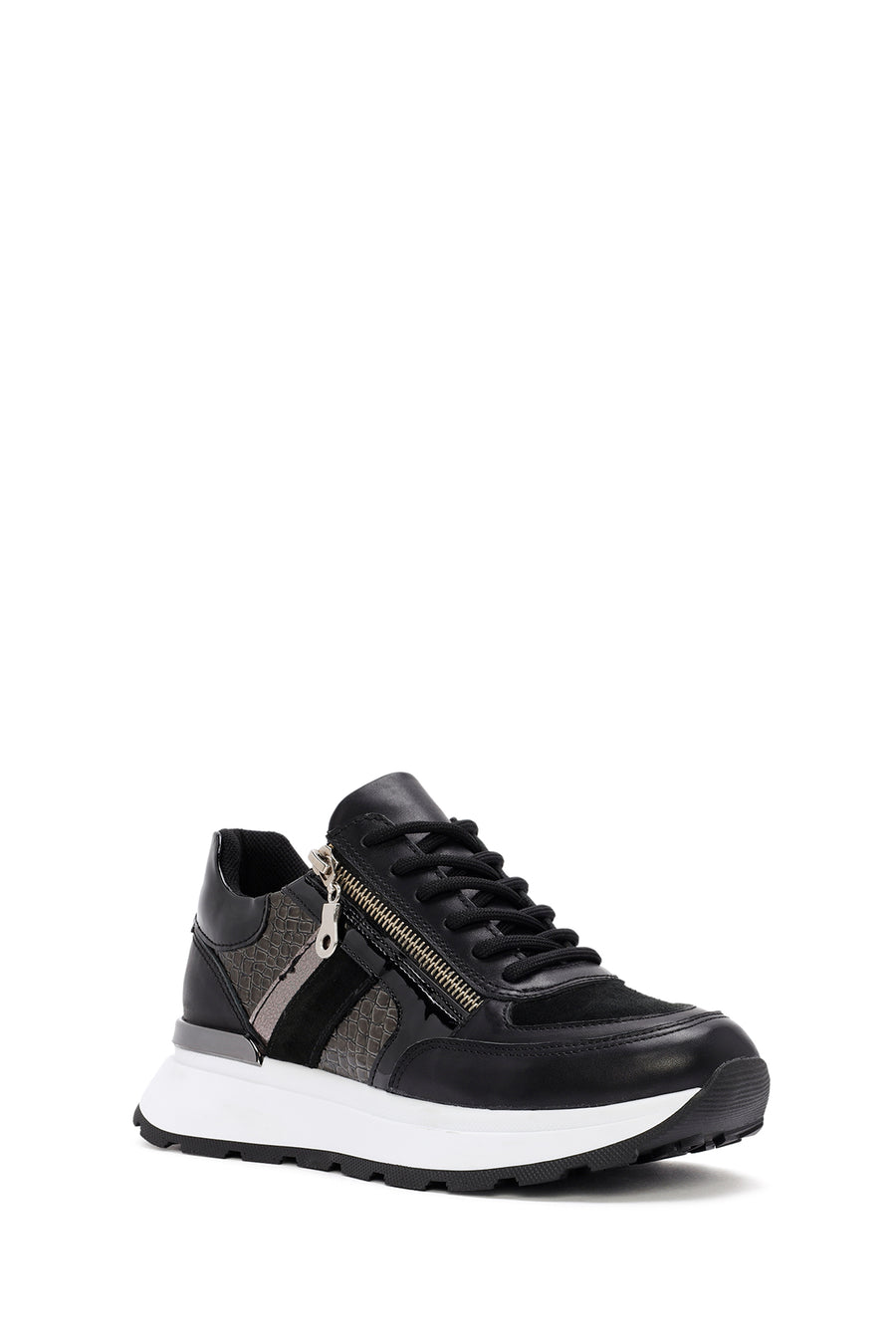 Women's Black Thick-Soled Zippered Leather Sneakers