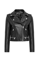 Eliza Women's Black Biker Short Leather Jacket | Derimod