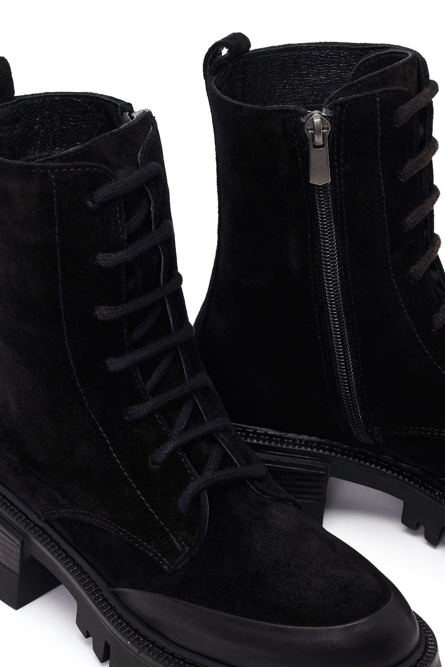 Woman Black Zip Closure Chunky-Heeled Suede Combat Boots