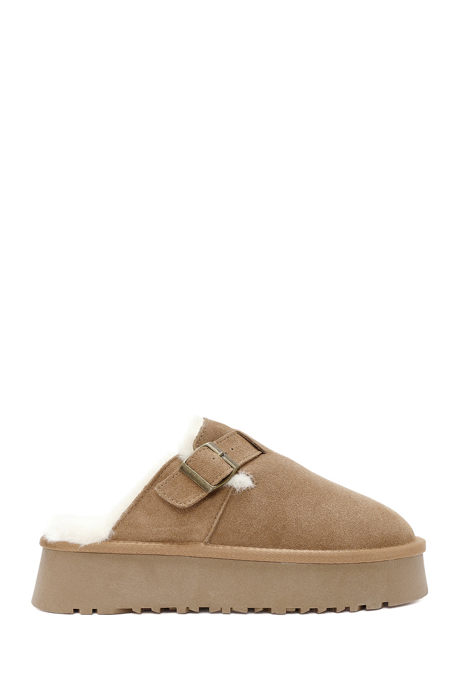 Women's Camel Thick-Soled Fur Detailed Suede Leather Slippers 24WFD478010 | Derimod