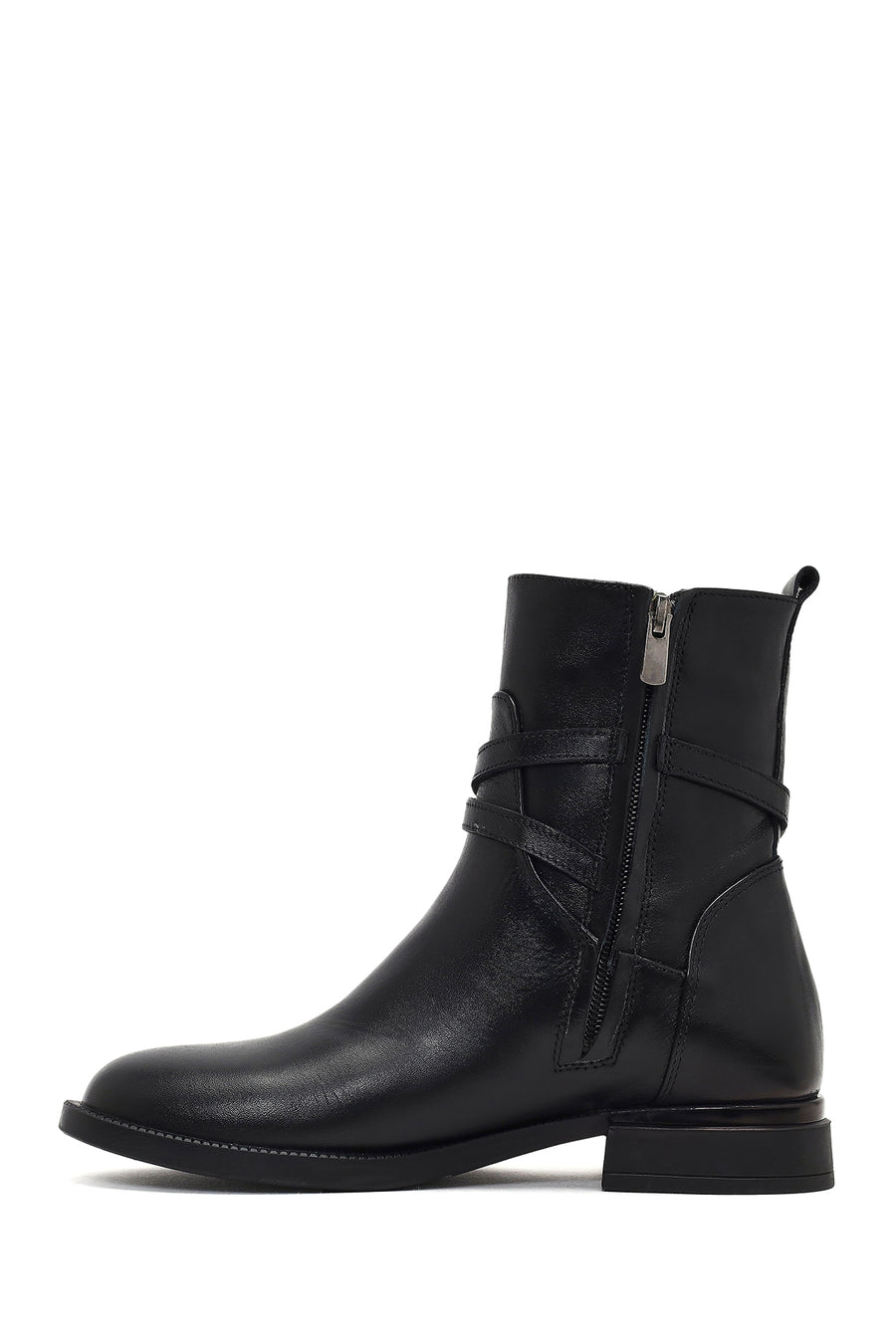 Woman Black Zip Closure Buckled Leather Boots