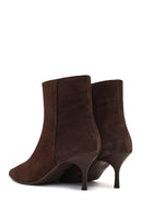 Woman Brown Zip Closure Thin-Heeled Suede Boots | Derimod