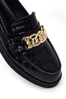 Women's Black Crocodile Patterned Chain Detailed Leather Masculine Loafer | Derimod