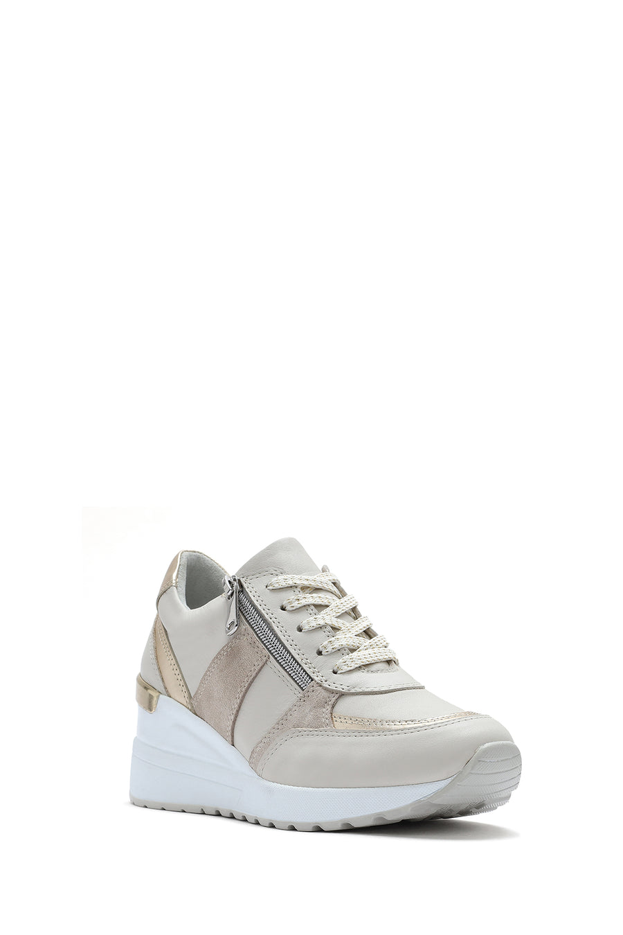 Women's Beige Wedge Heel Side Zip Leather Sneakers