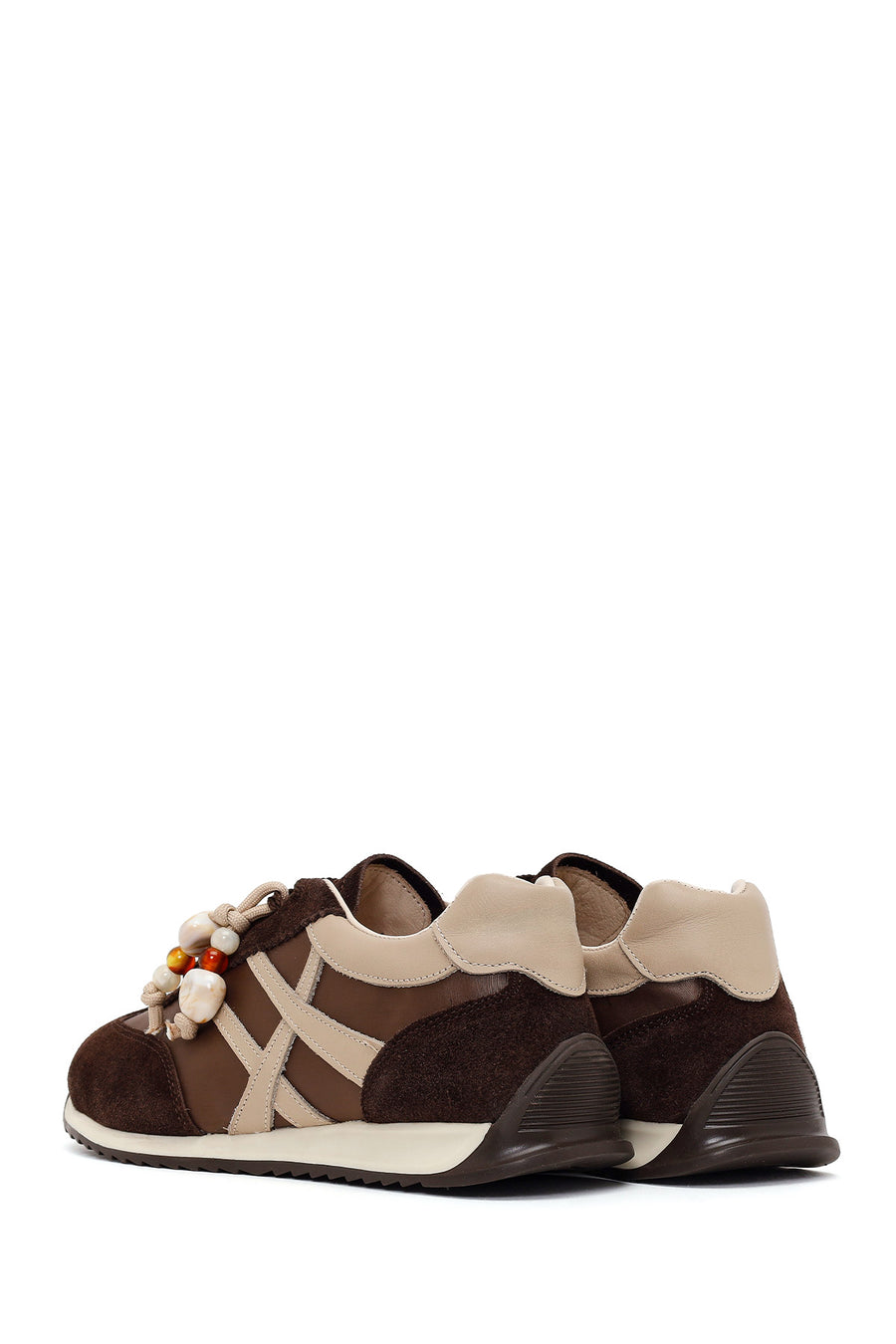 Woman Brown Lace-Up Charm Leather Sneaker