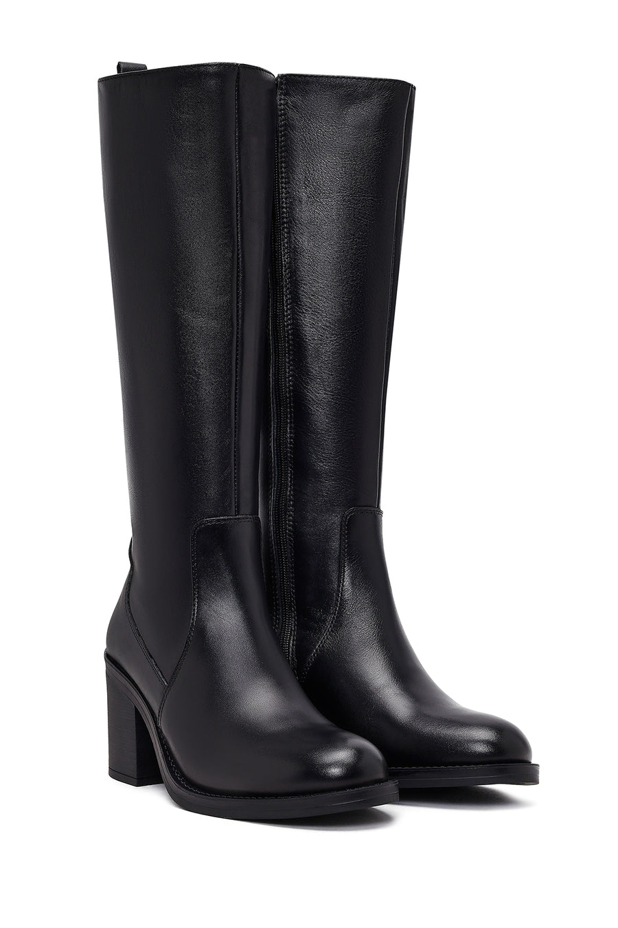 Woman Black Zip Closure Chunky Heeled Leather Boots