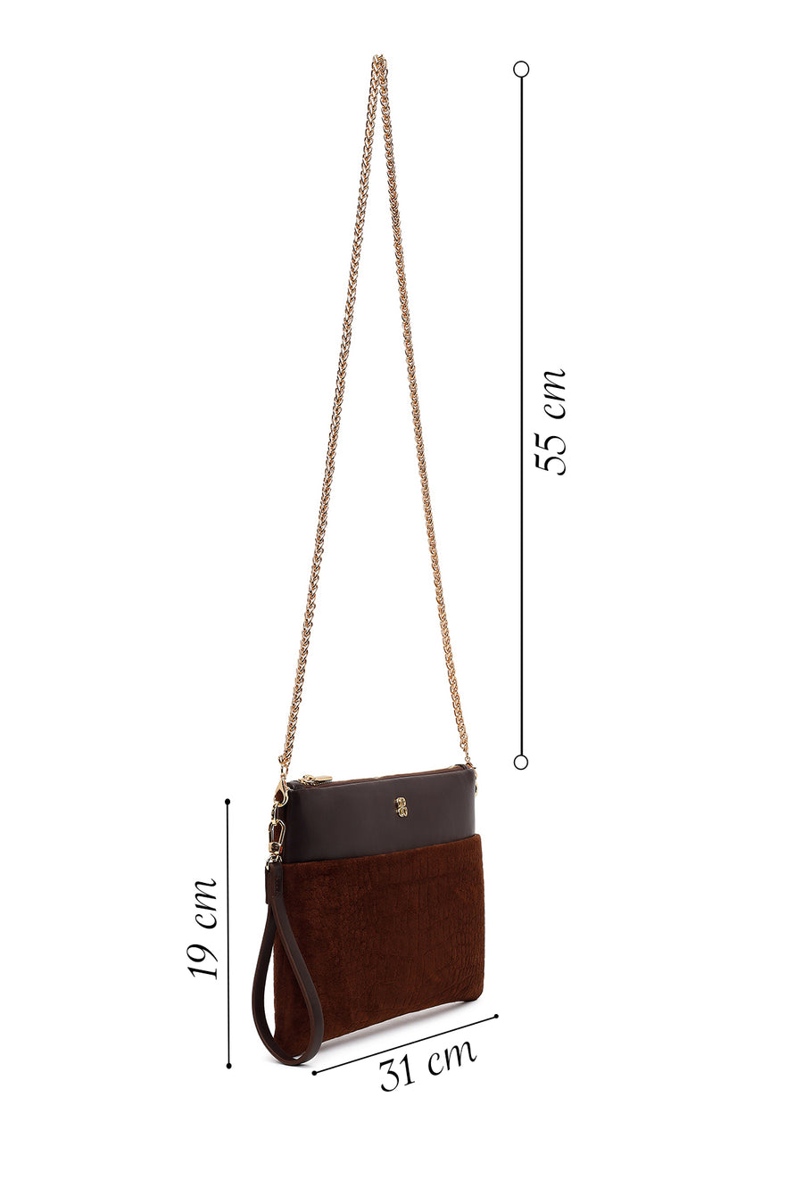 Woman Brown Suede Clutch Bag with Long Chain Strap