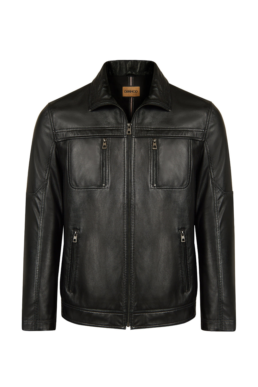 Karl Erkek Siyah Fermuarlı Devrik Yaka Deri Ceket 26WGE66211M | Derimod