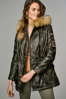 Havana Women's Khaki Leather Coat with Fur Collar | Derimod