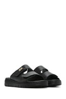 Women's Black Double-Striped Leather Comfort Slippers | Derimod