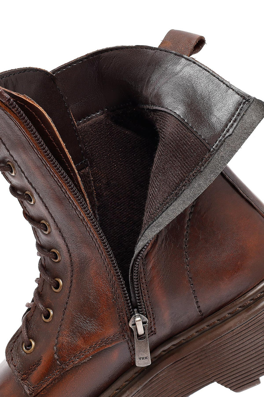 Woman Brown Lace-Up Zip Closure Thick-Soled Leather Combat Boots