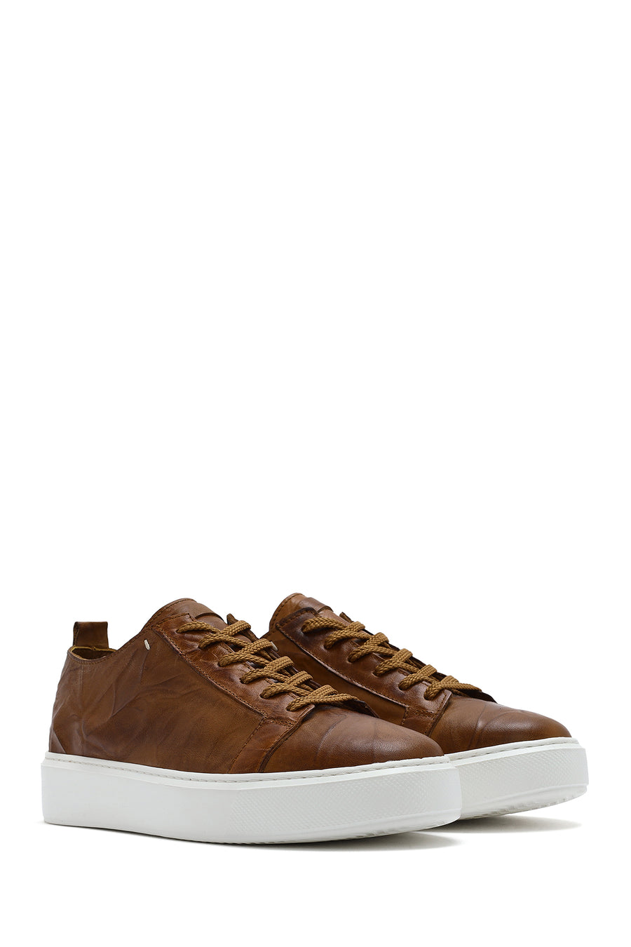 Erkek Taba Bağcıklı Kalın Tabanlı Baskılı Deri Sneaker