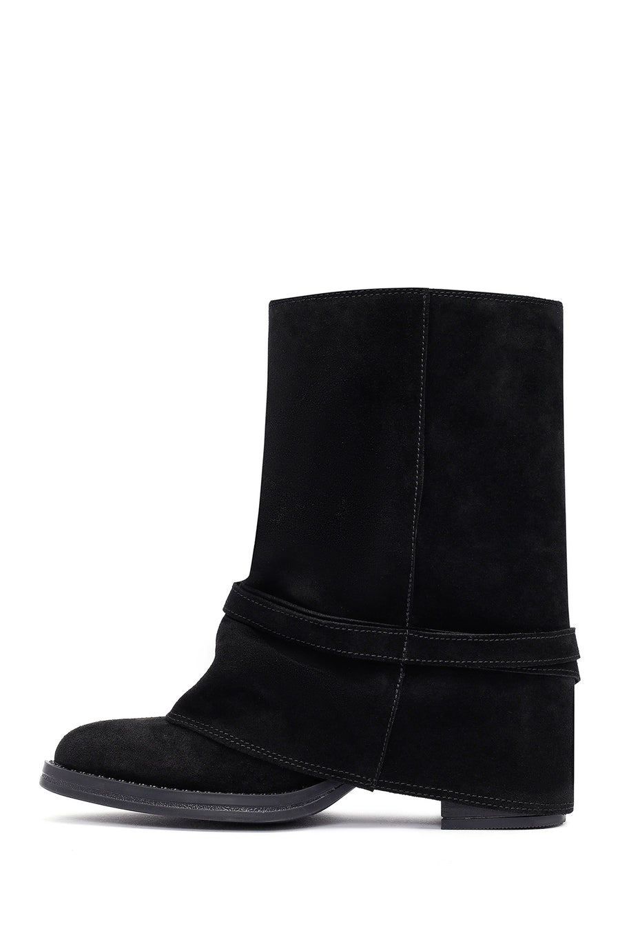 Woman Black Chunky Heel Suede Leather Boat