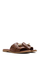 Women's Brown Buckled Leather Slippers | Derimod