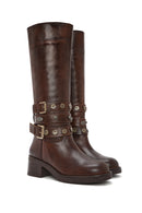 Women's Brown Chunky Heel Biker Leather Boots | Derimod