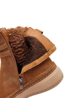 Woman Tan Zippered Suede Leather Teddy Bot | Derimod