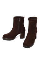 Woman Brown Zip Closure Chunky-Heeled Suede Leather Boots | Derimod