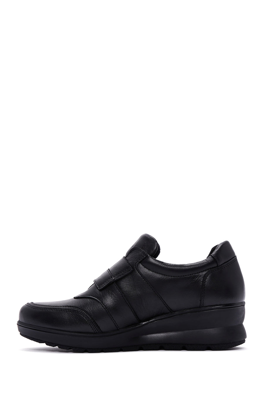 Women's Black Leather Wedge Heeled Comfort Shoes