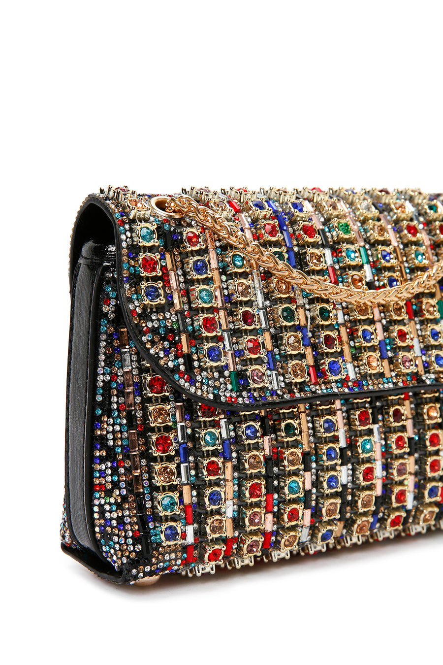 Women's Multicolored Long Chain Strap Stone-Embellished Evening Shoulder Bag