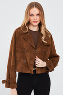 Tracy Women's Brown Short Suede Leather Coat | Derimod