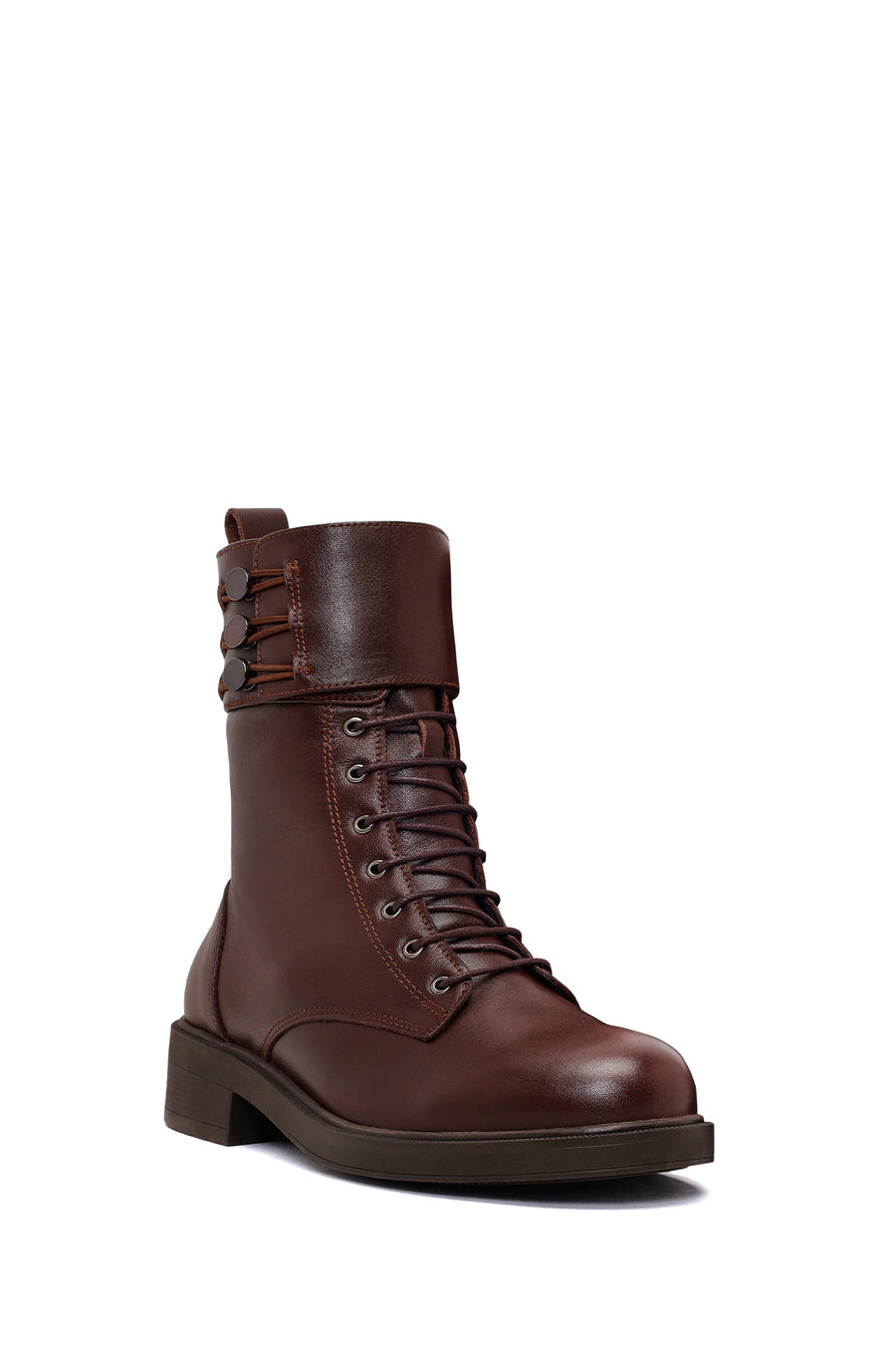 Woman Brown Zip Closure Thick-Soled Leather Combat Boots