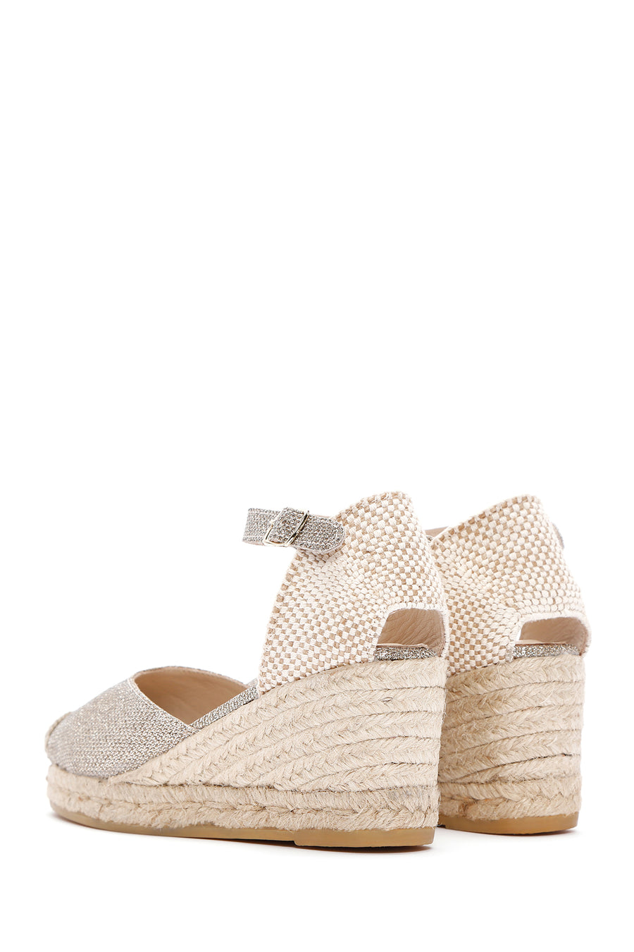 Women's Beige Ankle Strap Wedge Heels Leather Espadrille