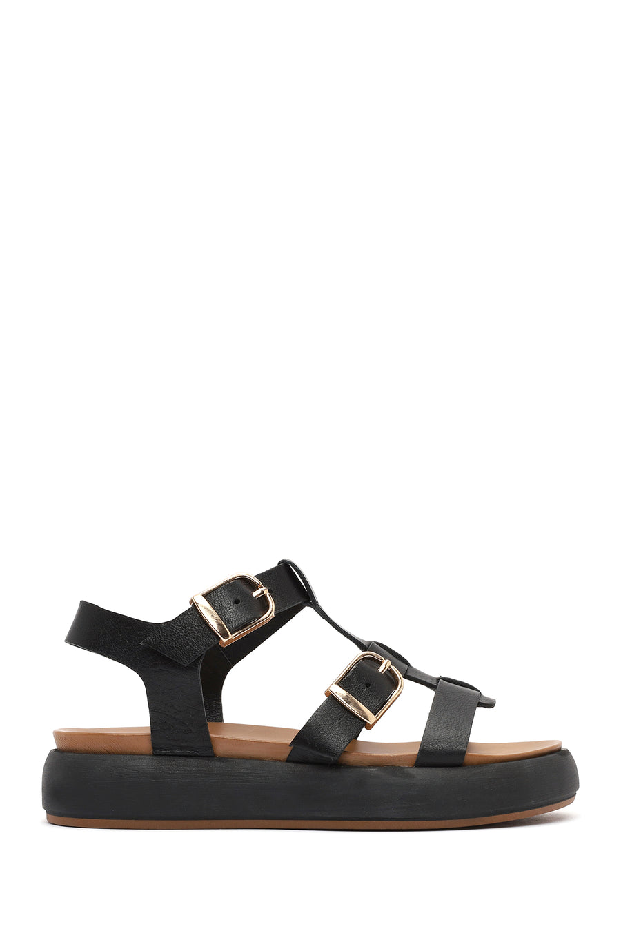 Women's Black Buckled Thick Soled Leather Sandals 25SFD550318 | Derimod